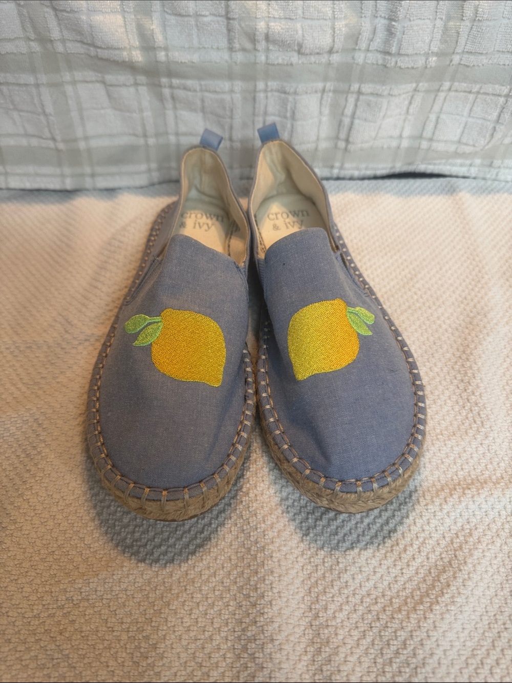 crown & ivy Kids Blue Slip-On Espadrilles with Yellow Lemon Appliqués